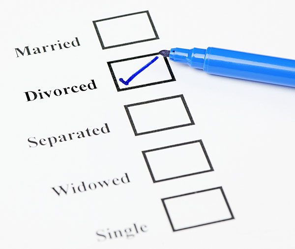 Tick-boxes showing marital status on a blank form. Divorced ticked.